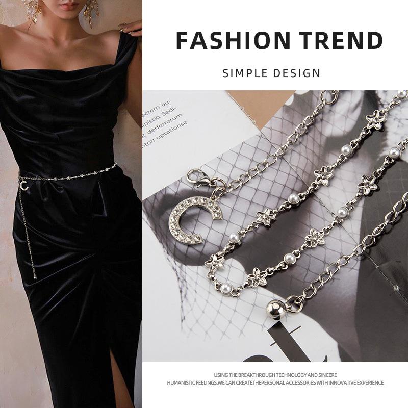 High-end Pearl Inlaid Metal Waist Chain Women's Dress Accessories Fashion Matching Body Chain Trendy Ladies