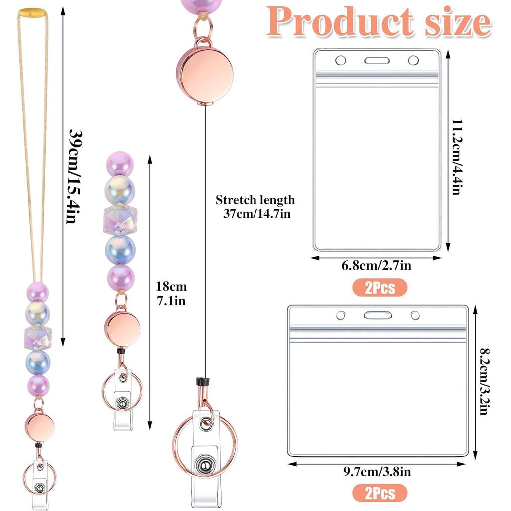 Macaron Colorful Bead Easy Pull Buckle Work Card Holder Necklace Work Badge Hanging Rope Transparent Card Holder with Lanyard