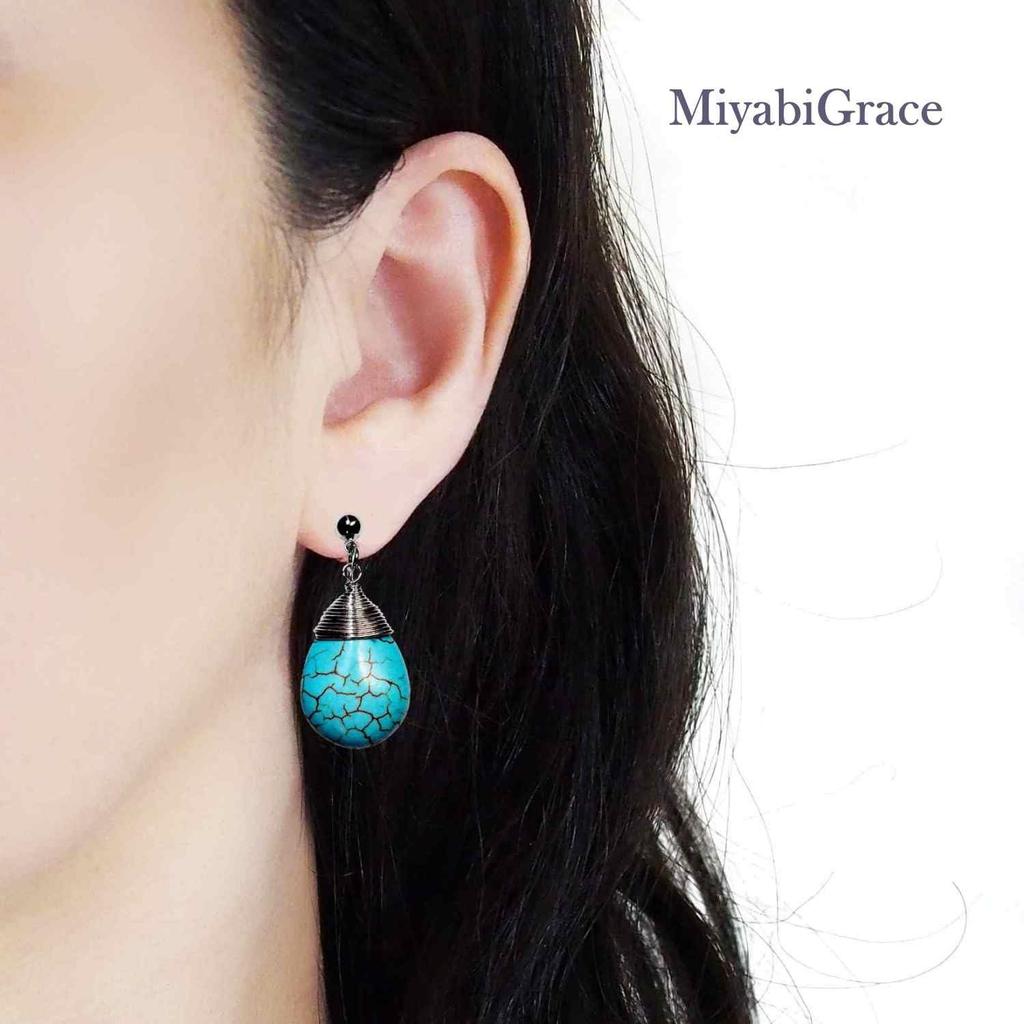 Natural Elegant Miyabi Grace Women's Earrings, Non-pierced Earrings, Popular, Painless, Teardrop, Turquoise, Blue, Stone, Blue, Large, Gemstone,