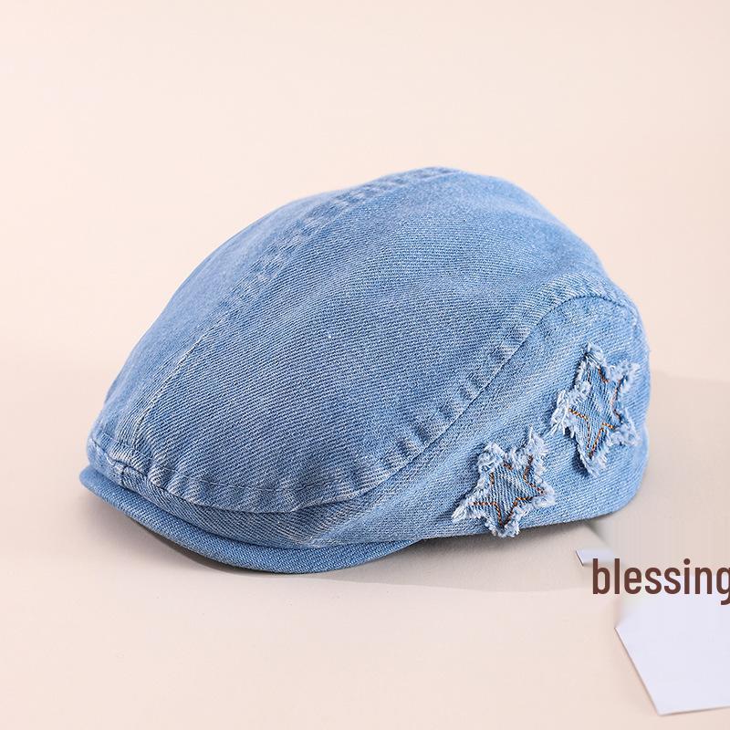 Spring 2026 Japanese Retro Star Denim Children's Beret Cap: Fashionable Baseball Hat for Boys and Girls