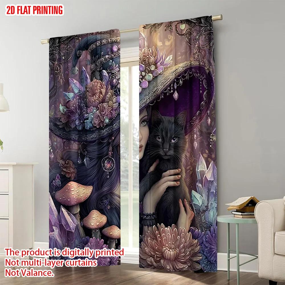 2pcs, plane printing Pattern Curtains Mysterious Witch with Cat and Mushroom Durable Polyester (without rod) All Seasons Ldeal