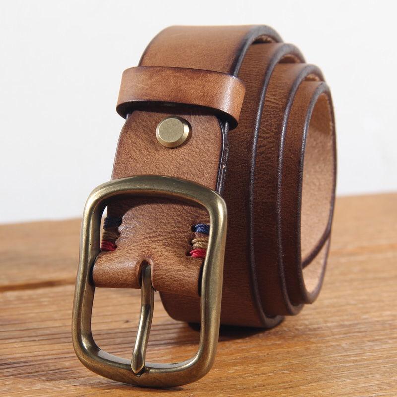 Vintage Thick Cowhide Belt Men's Pure Copper Button Top Cowhide All-match Casual Jeans Belt High Quality Retro Luxury Men Belt