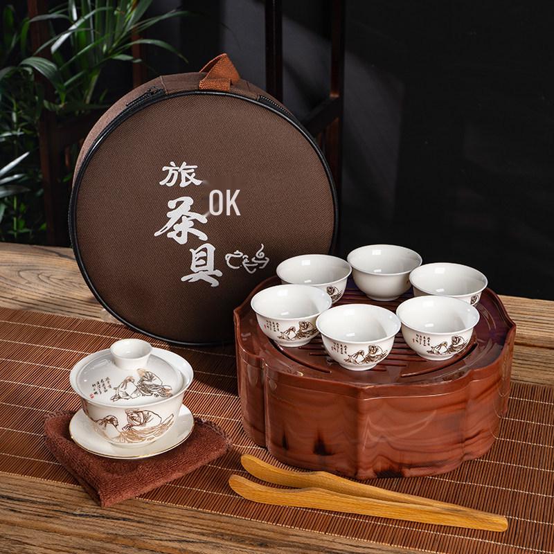 Portable Ceramic Kung Fu Tea Set with Tray, Cups, Teapot, and Lid Bowl