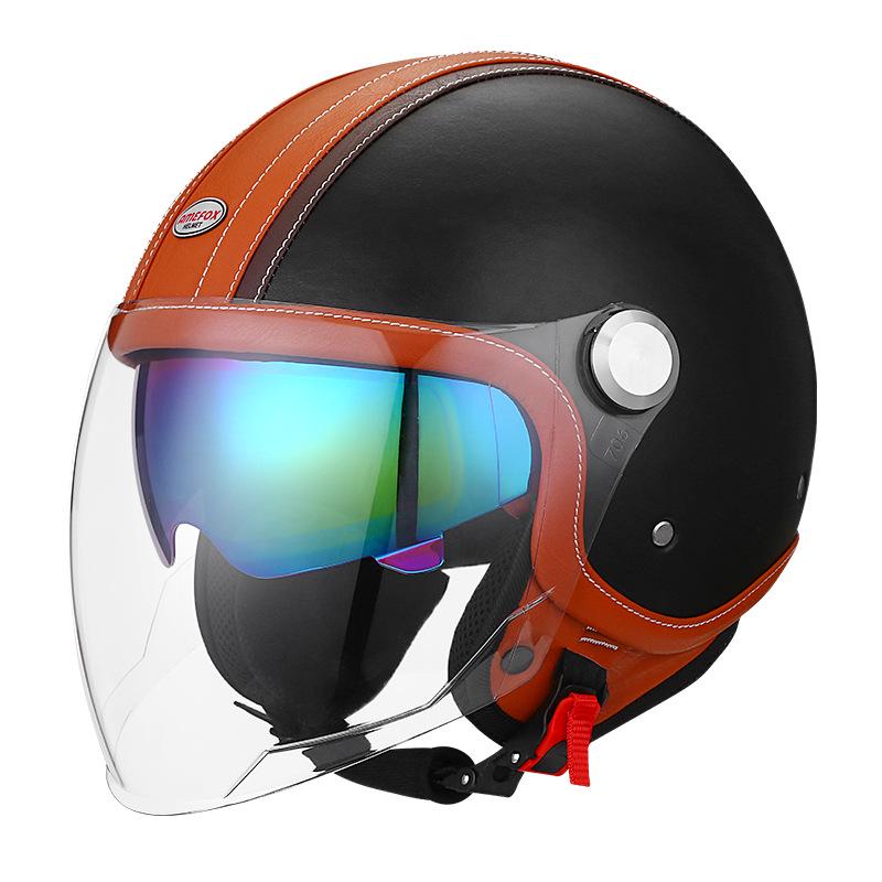

3C Certified Leather Motorcycle Helmet with Double Visor for Men and Women, Three-Quarters Style Medium