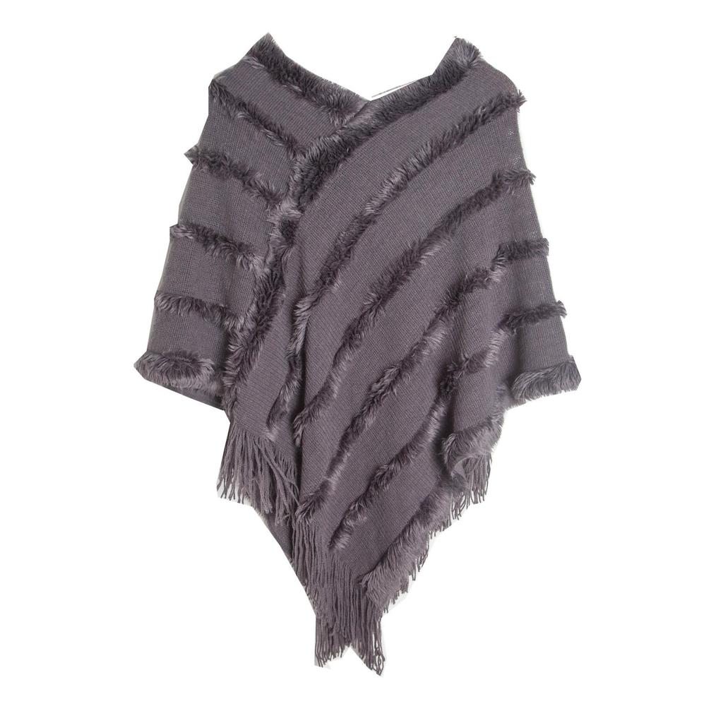 Spring Autumn Winter V-neck Solid Color Knitted Plush Shawl - European & American Style