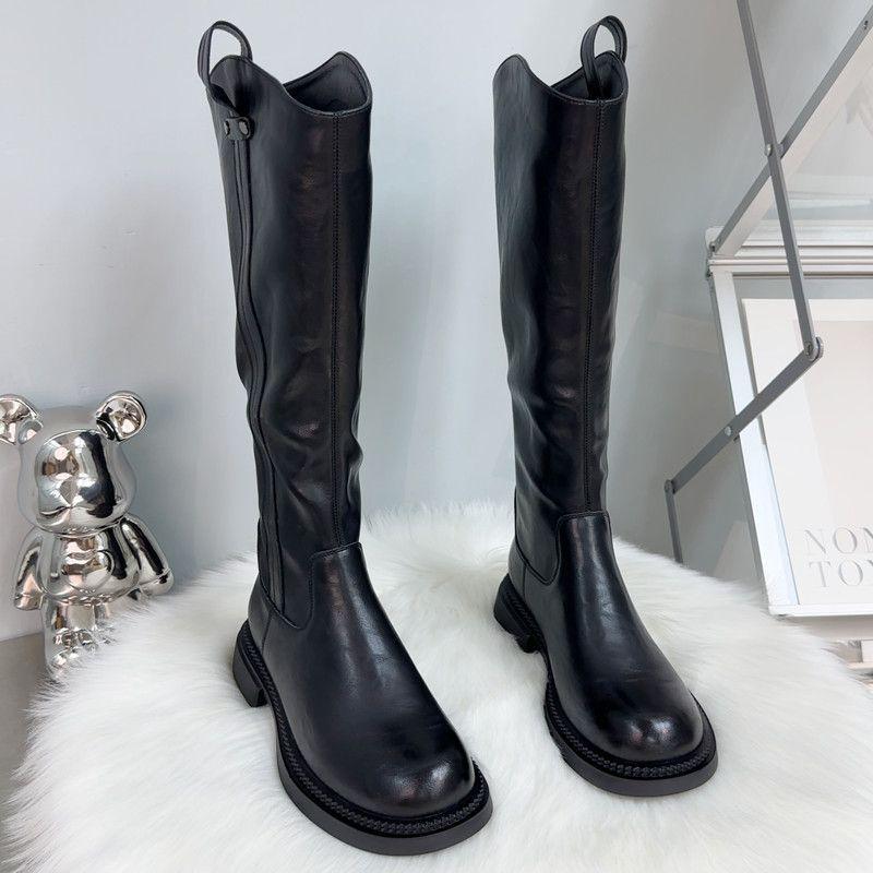 Lange Stiefel Damen Flacher Boden Höhenverstellbar Herbst Neu Britischer Stil Hoher Schaft Dünn Reißverschluss Hinten Ritterstiefel