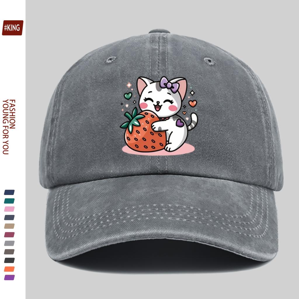 Cute Kitten Strawberry Graphic Washed Baseball Cap Denim Casual Adjustable Outdoor Dad Hat