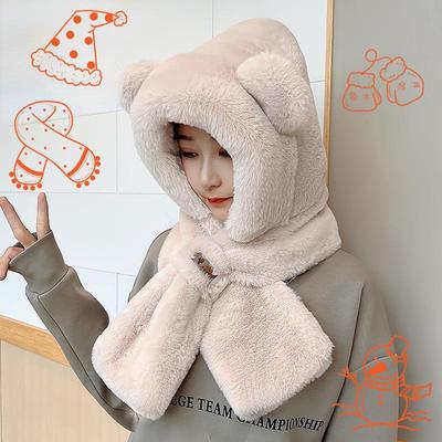 2023 Winter Cute Bear Ear Warm Hat Plush Scarf Hat Outdoor Windproof Cycling Hat Women Beanies Caps