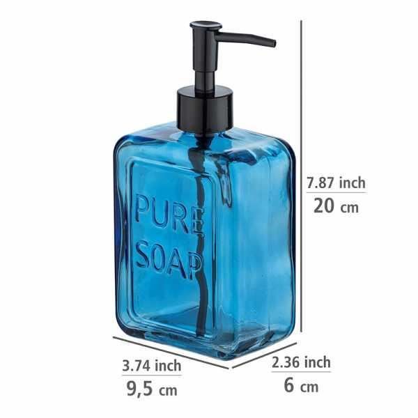 Wenko distributeur de savon liquide "pure soap", capacité 550 ml, distributeur de savon liquide en verre, 9,5x20x6 cm, bleu
