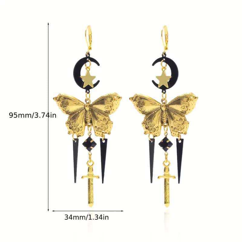 Gold-Plated Retro Butterfly & Geometric Star Moon Sword Earrings, Personalized Black Gold Jewelry.