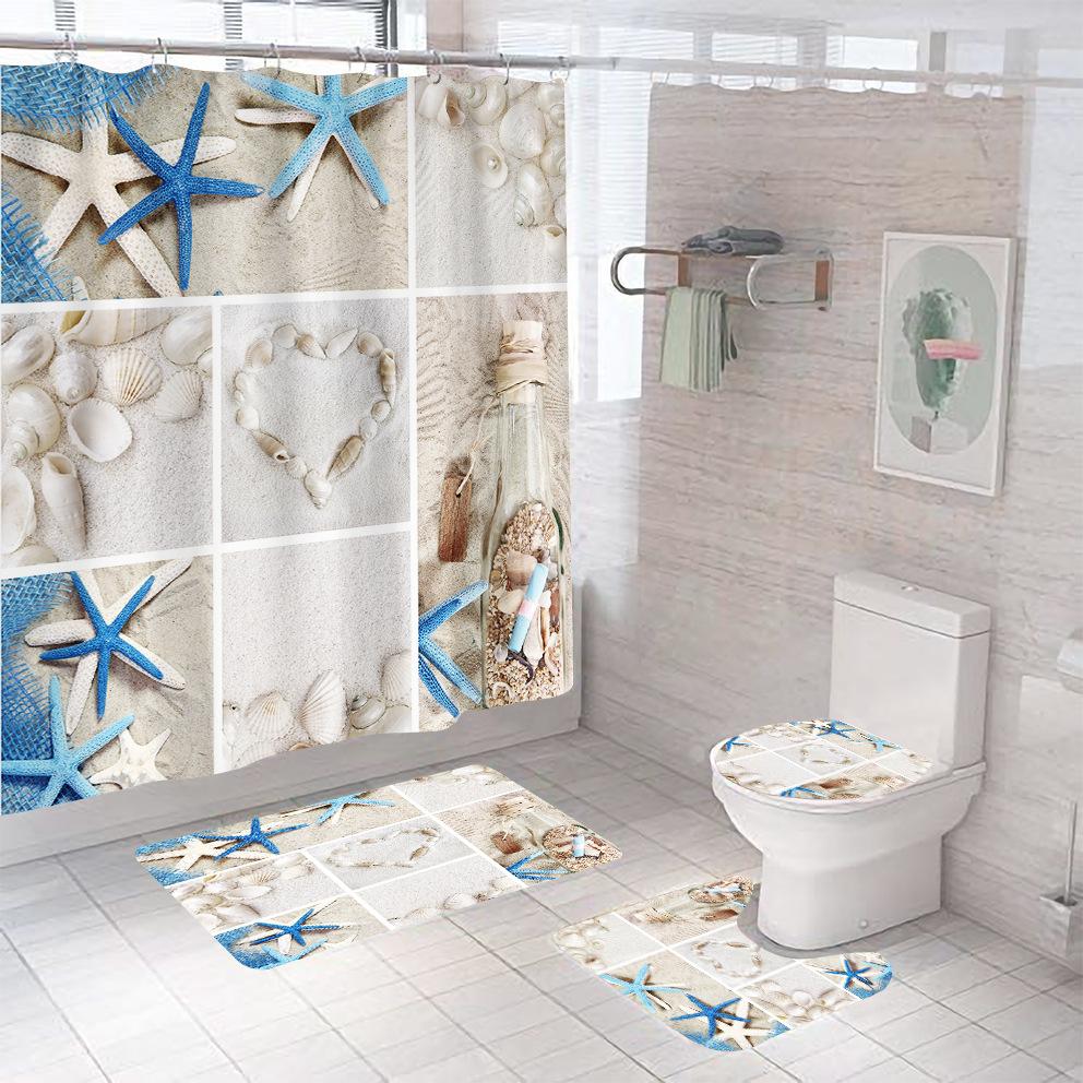 Bathroom Shower Curtain Four-piece Digital Printing Beach Shell Waterproof Shower Curtain Shower Curtain Partition Curtain Bath Mat