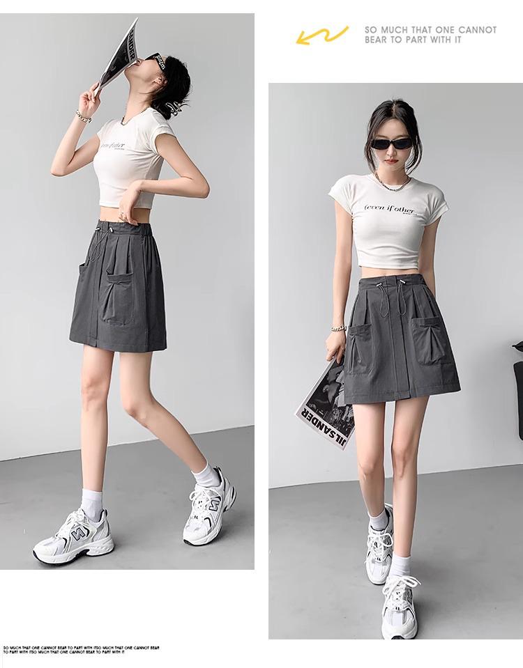 Gray Women's A-Line Midi Skirt with Elastic Drawstring Waist - Summer 2025 Anti-Exposure Workwear Style