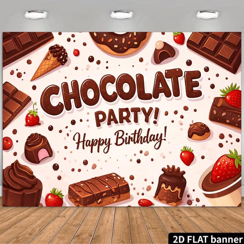 

2D Kids Chocolate Themed Birthday Backdrop, Sweet Treats & Strawberry Photography Background 47.2x31.5inch/120*80cm