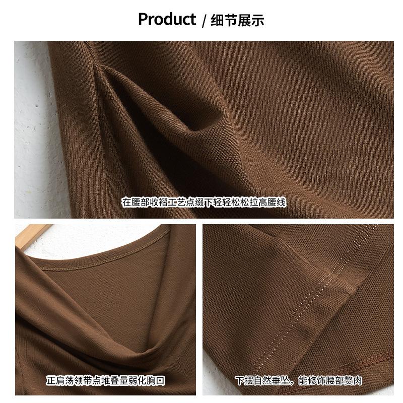 Spring and Summer Solid Color One-word Shoulder Short-sleeved T-shirt Short-sleeved Women's Design Sense Slim and Thin Stacked Scarf Collar Top