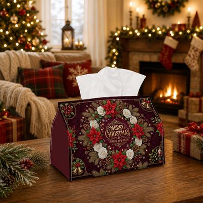 1pc Classic Holiday Floral Tissue Box | Multi-Functional Seasonal Napkin Dispenser, Suitable for Home, Xmas Parties Poinsettia Pinecone Wreath Trendin