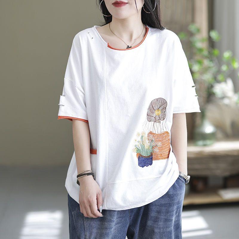 

2024 Летние новые футболки с художественным ретро-мультяшным рисунком, вышитые круглые воротнички, свободные карманы, потертые короткие рукава, женские футболки, топы XXXL белый