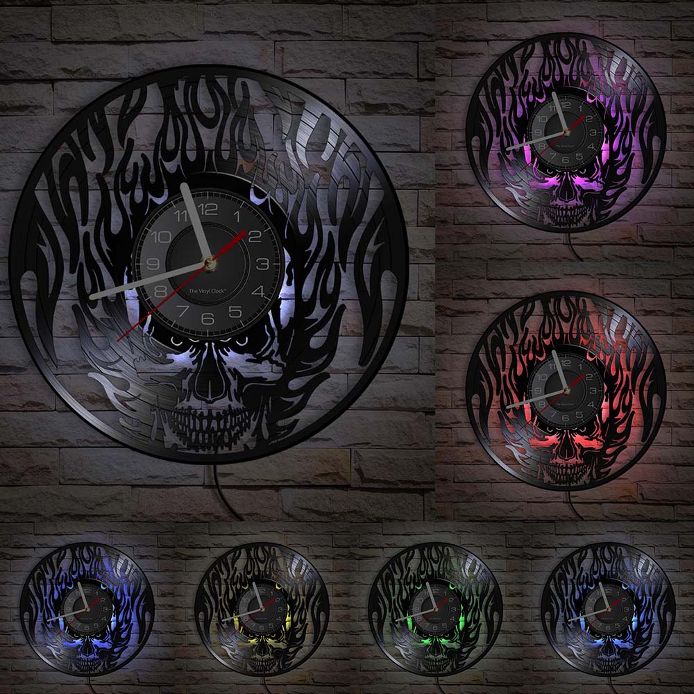 Schädel-Kopf-Vinyl-Schallplatten-Wanduhr im Alter von Skelett-Kopf-Wanduhr, Skelett-Vampir-Männer, Halloween-Dekor, Wandbehang-Uhr