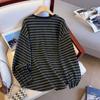 Plus Size Velvet Color Block Striped T-shirt: Korean Style, Long Sleeve, Loose Fit, Slimming & Warm Women's Top