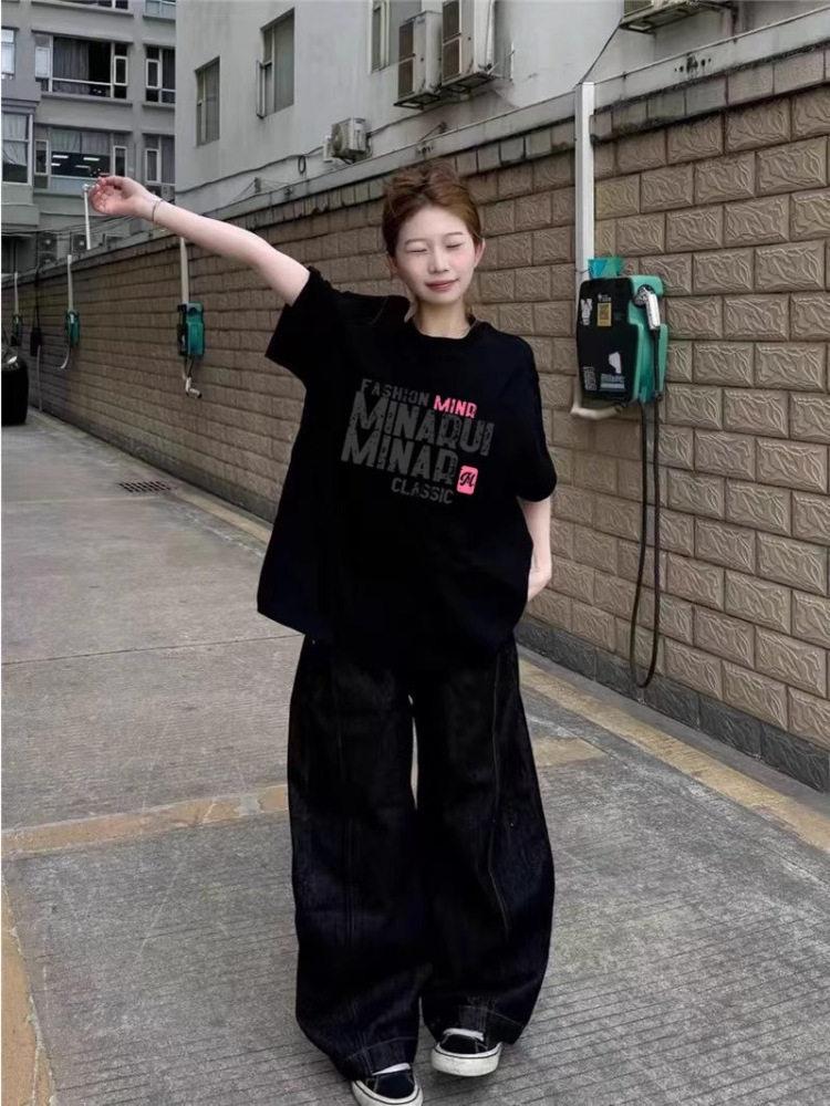 Women's Black Pure Cotton Trendy Streetwear Loose-Fit Short Sleeve T-shirt