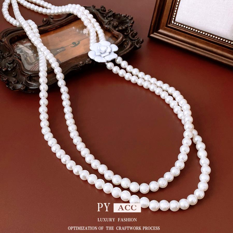 Podwójny Kwiatowy Wisiorek z Szklanych Pereł Naszyjnik Styl Dworu Średniowiecznego Delikatny Łańcuszek do Swetra Casualowy Naszyjnik