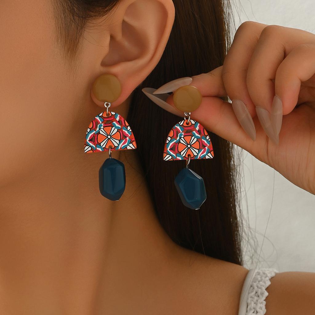 Vintage Earrings Geometric Women's Gemstone Inlaid Colorful Design Stud Earrings Versatile Ear Jewelry