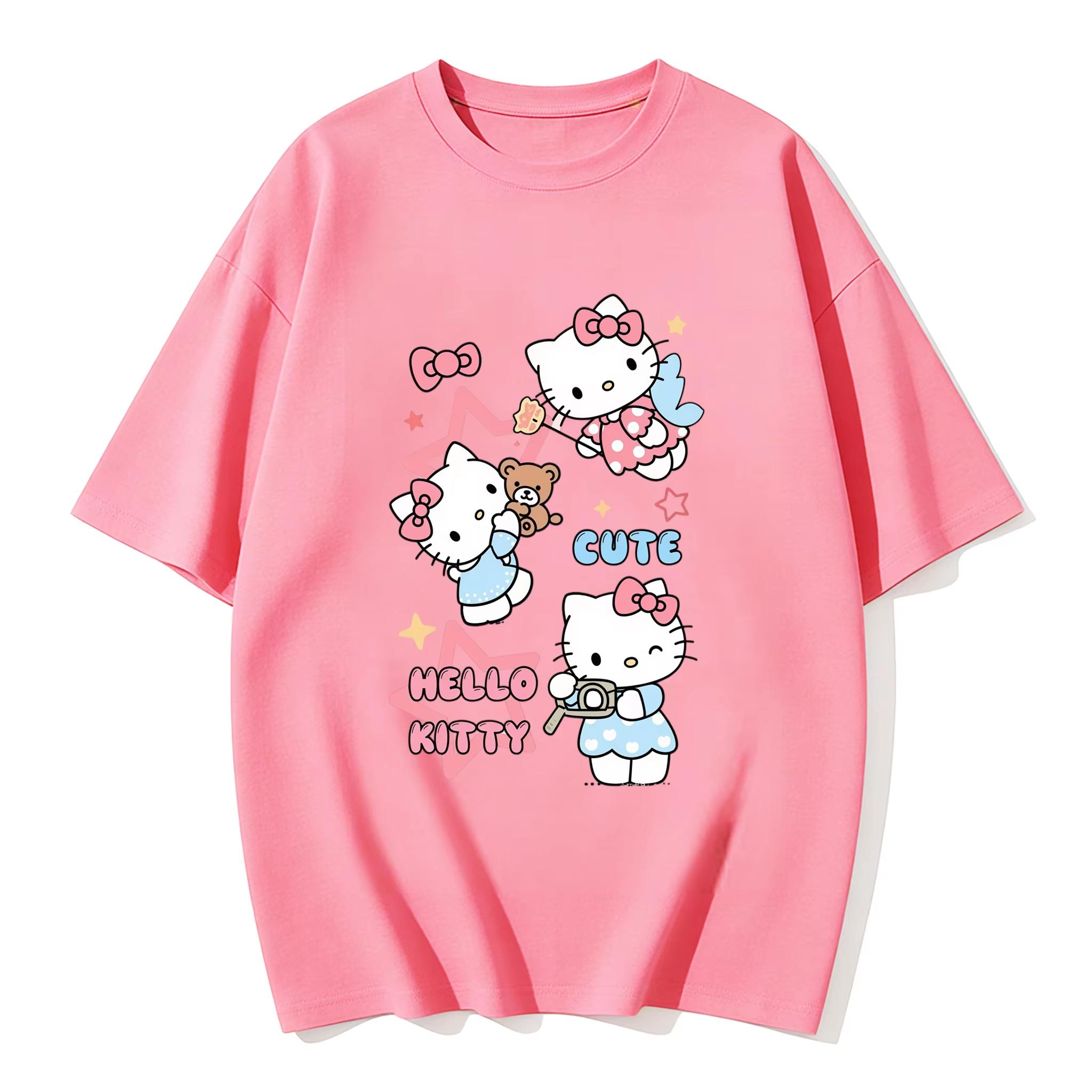 2026 Summer Hello Kitty Cartoon Printed Short Sleeve Pure Comfortable summer loose Tshirt for Women S