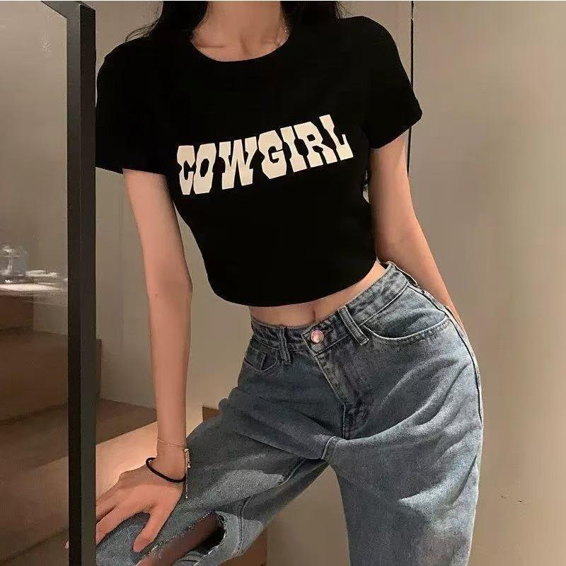 Black Slim and Sweet Hot Girl Slim Short Top for Women New Summer Navel-open Short-sleeved T-shirt for Women