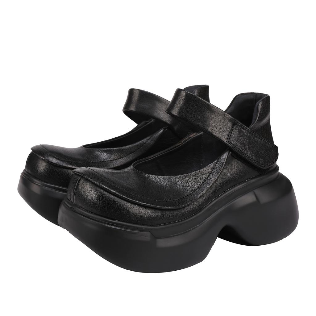 Johnature Plateau-Pumps Retro Echtes Leder Runde Spitze Vielseitige Damen-Plateauschuh