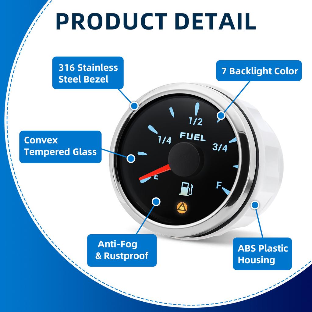 52mm Fuel Level Gauge With Alarm Light 0~190 Ohm 240-33ohm Fuel Tank Meter For Marine Car Boat Yacht Digital Oil Fuel Indicator