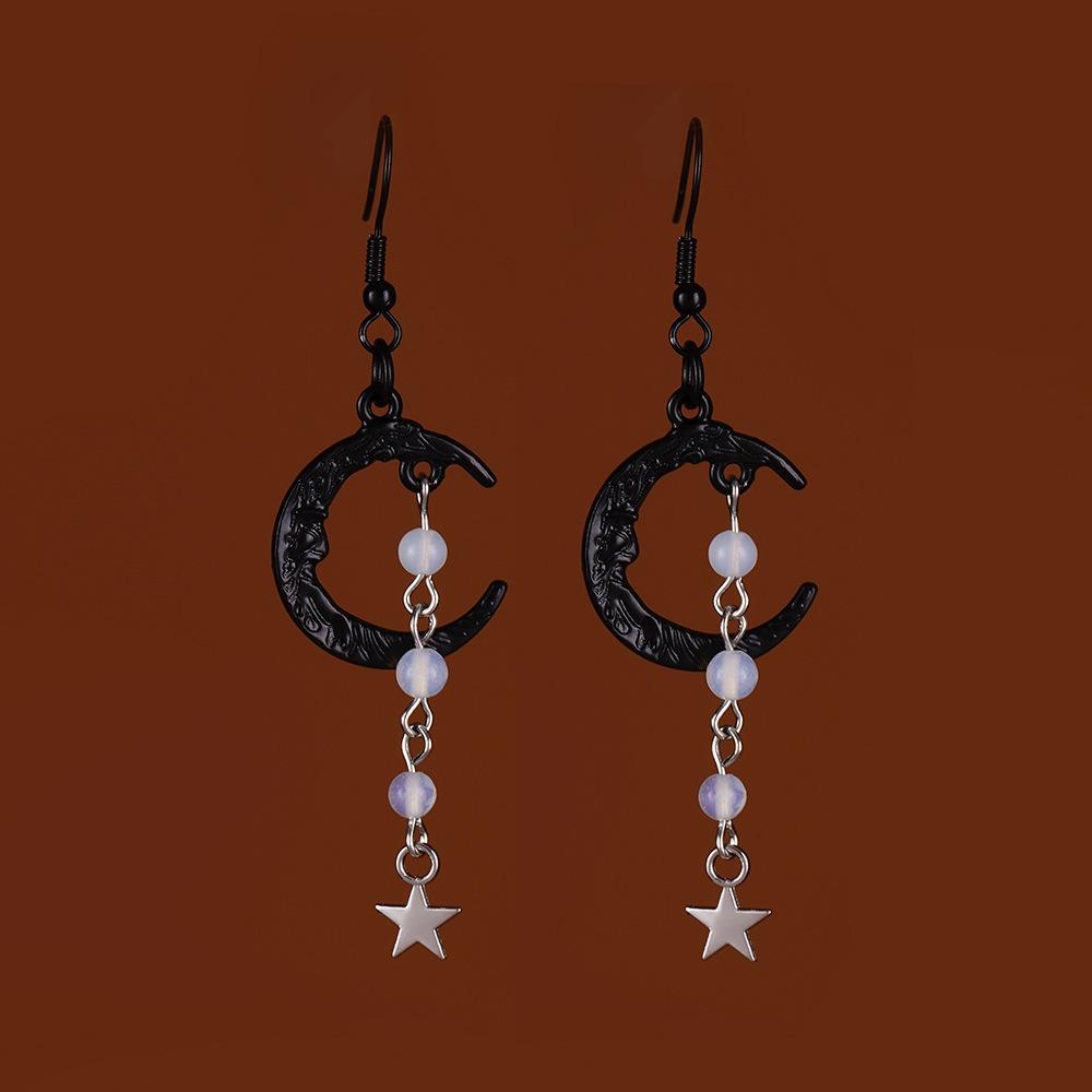 Gothic Retro Black Crescent Purple Crystal Beads Five-pointed Star Tassel Dangle Earrings for Women Hallowmas Party Jewelry Gift
