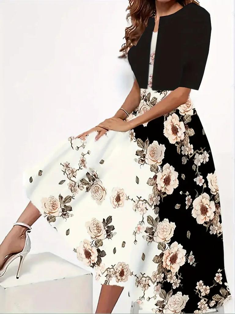Damenkleid mit floralem Print, Kurzarm-Cardigan und rosa Rosendesign