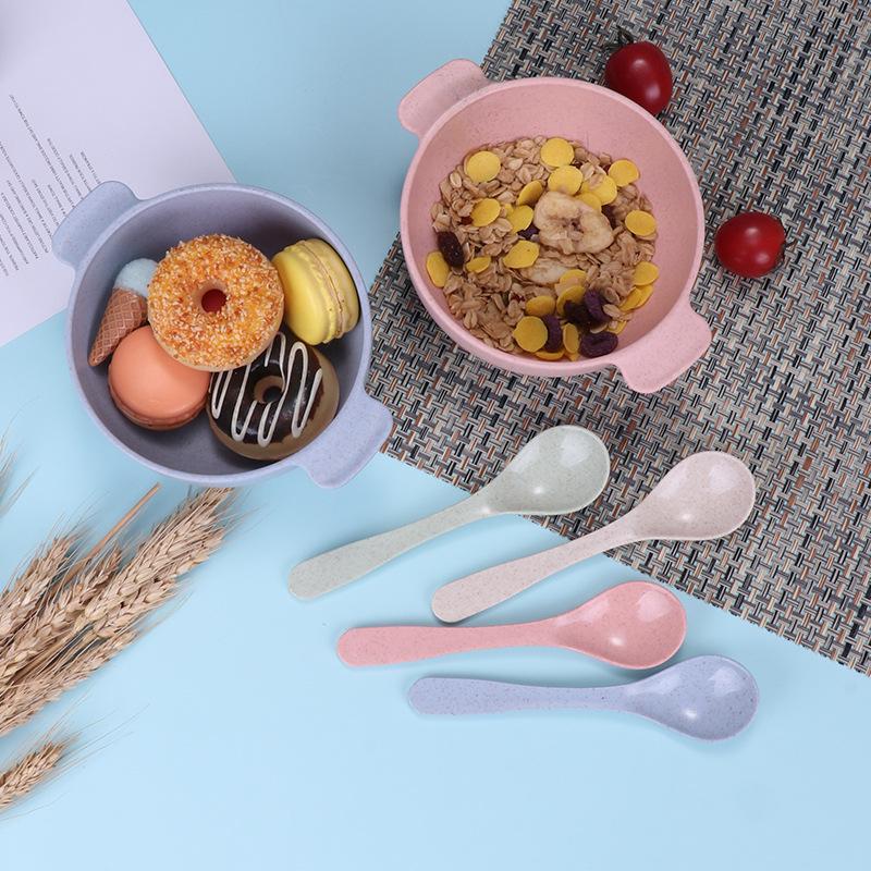 Dětská pšeničná jídelní sada: Miska s dvojitými uchy a lžíce odolné proti pádu a s tepelnou izolací