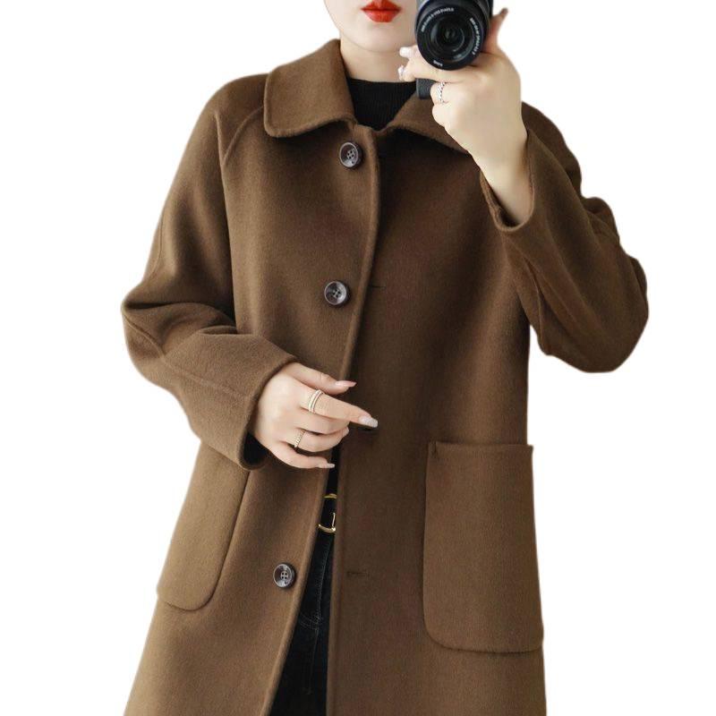 Dámský oboustranný vlněný kabát s límečkem Peter Pan - High-endový, zeštíhlující, volný střih zimní svrchní oděv pro drobnou eleganci
