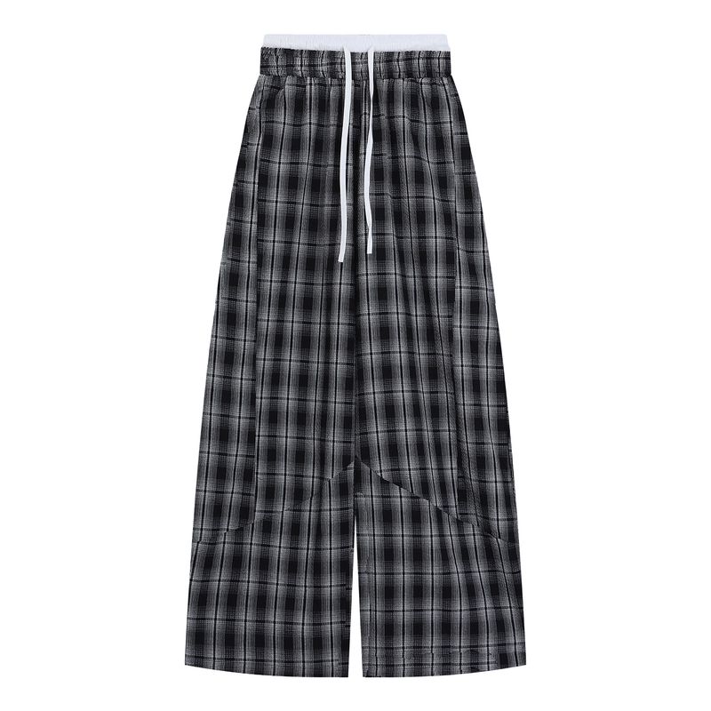 

Kumikumi Fashion Set Black Shoulder Short sleeve T-shirt Women Summer Retro Plaid Casual Trousers Two-piece Set Pformed Trousers L