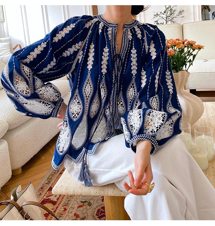 

Женская рубашка с длинным рукавом в французском стиле с вышивкой, осень 2025 Small королевский синий