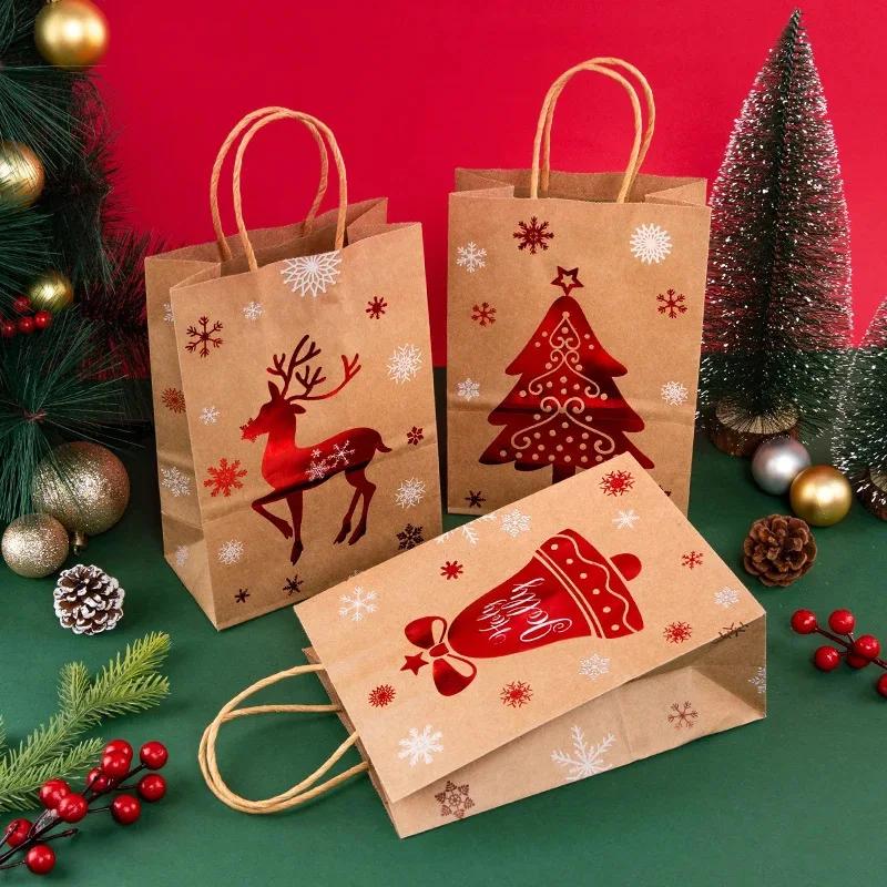 Christmas Kraft Paper Bag Candy Gifts Packaging Handbags Santa Claus Snowman Pattern Merry Christmas Home New Year Party Decor