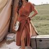 Women's V Neck Short Sleeve Wrap Midi Dress Solid Color Self Tie Waist Split Elegant Commuter Long Dress