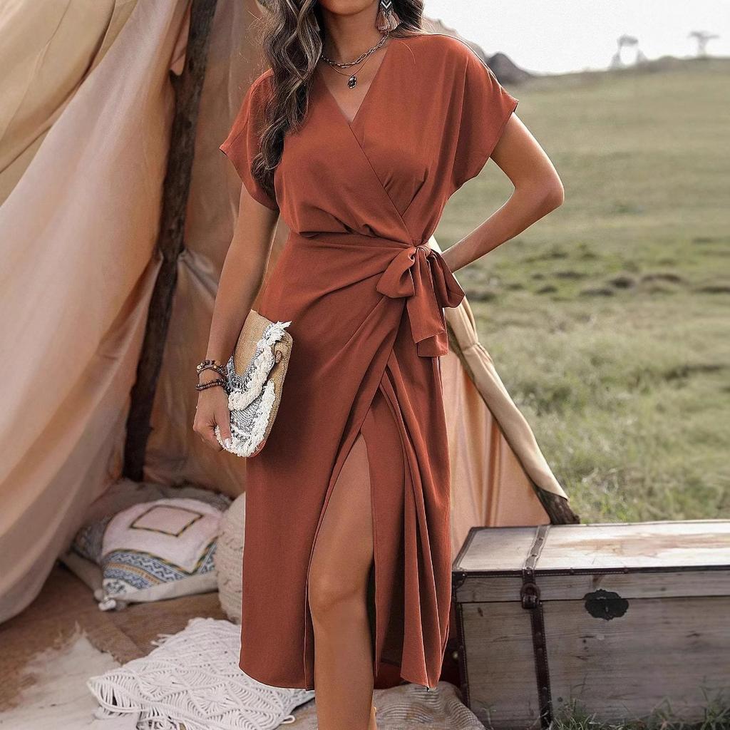 Women's V Neck Short Sleeve Wrap Midi Dress Solid Color Self Tie Waist Split Elegant Commuter Long Dress