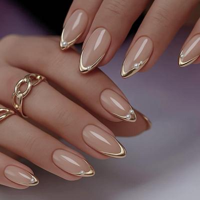 ציפורניים לבישות בצורת שקד עם נקודות מצופות זהב ופנינים - עיצוב פשוט לשימוש חוזר