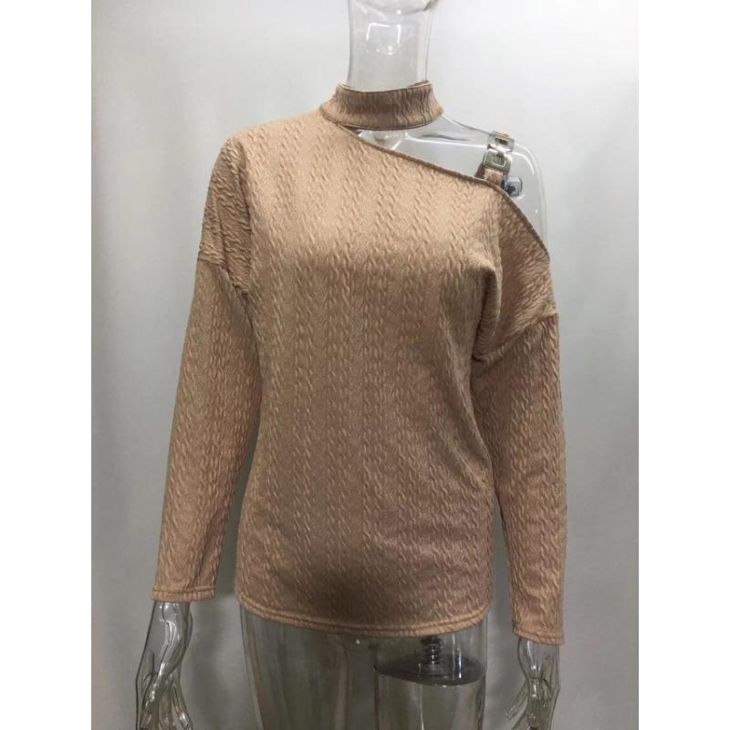 Autumn Winter Fashion Sexy Slanted Shoulder Chain Pullover Tops  Off Shoulder Long Sleeved Casual Simple Streetwear Blouse Knit Solid Turtleneck Shirt