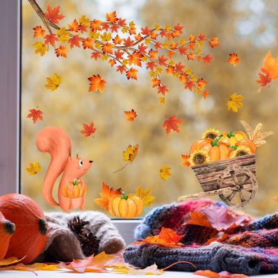 Thanksgiving Maple Leaf Pumpkin Cartoon Wall Sticker, Electrostatic Glass Window Decal Double Sided Visual Decorative Wall Sticker for Kids Room Home