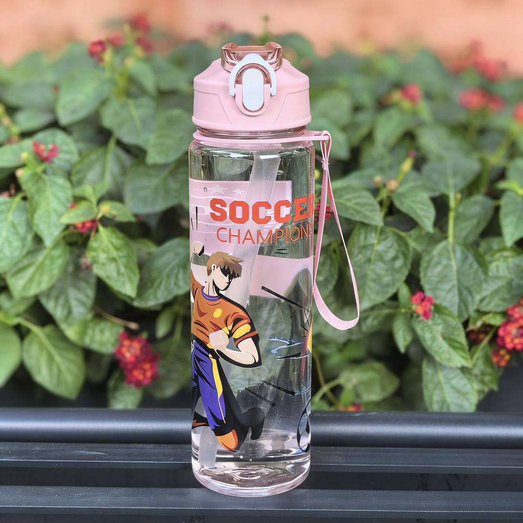 Soccer 750Ml Water Bottle Cute Water Cup With Silicone Straw Leakproof Plastic Waterbottles Summer Water Kettle Football