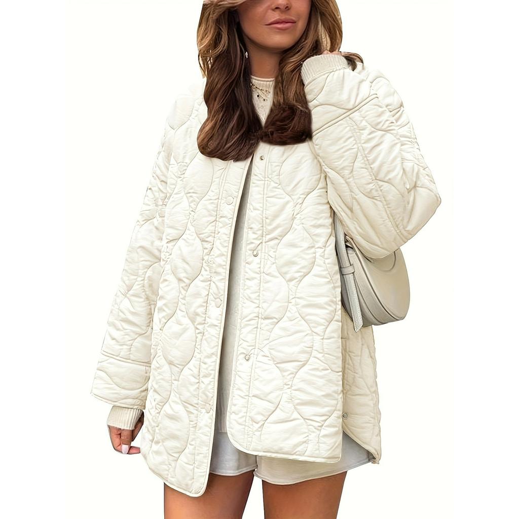 Autumn and Winter Style Quilted Thread Decoration Simple Solid Color Round Neck Loose Cotton Coat