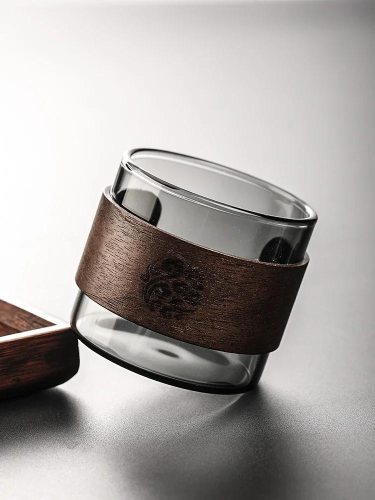 

Household High Borosilicate Glass Water Cup Living Room Cigarette Ash Colored Wooden Handle Cup Walnut Empty Vertical Tea Cup 150-350ML