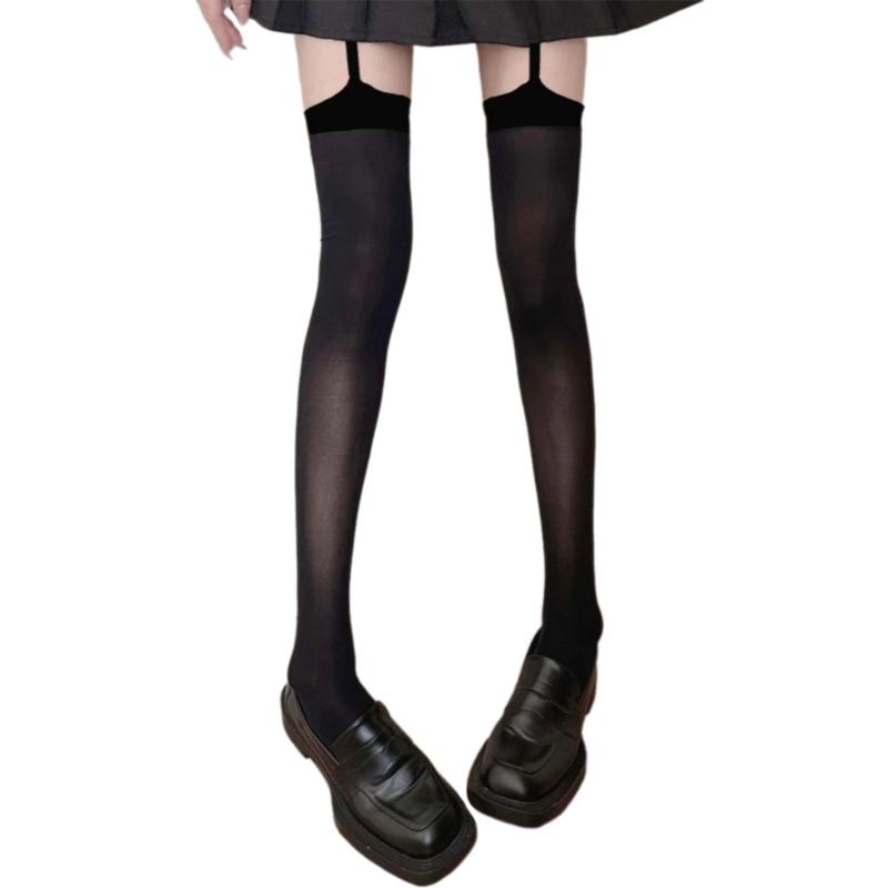 Womens Garter Belt Strappy Suspender Pantyhose Japanese Gothic Crosses Print Thigh High Stockings Bandages Silk Tights