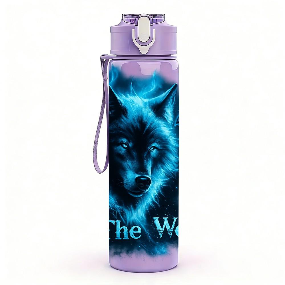 1PC Blue Wolf Night Glow Animal Print 750ml Color Plastic Sports Water Bottle Leakproof Flip Straw Lid Suitable for Sports Office Home Use