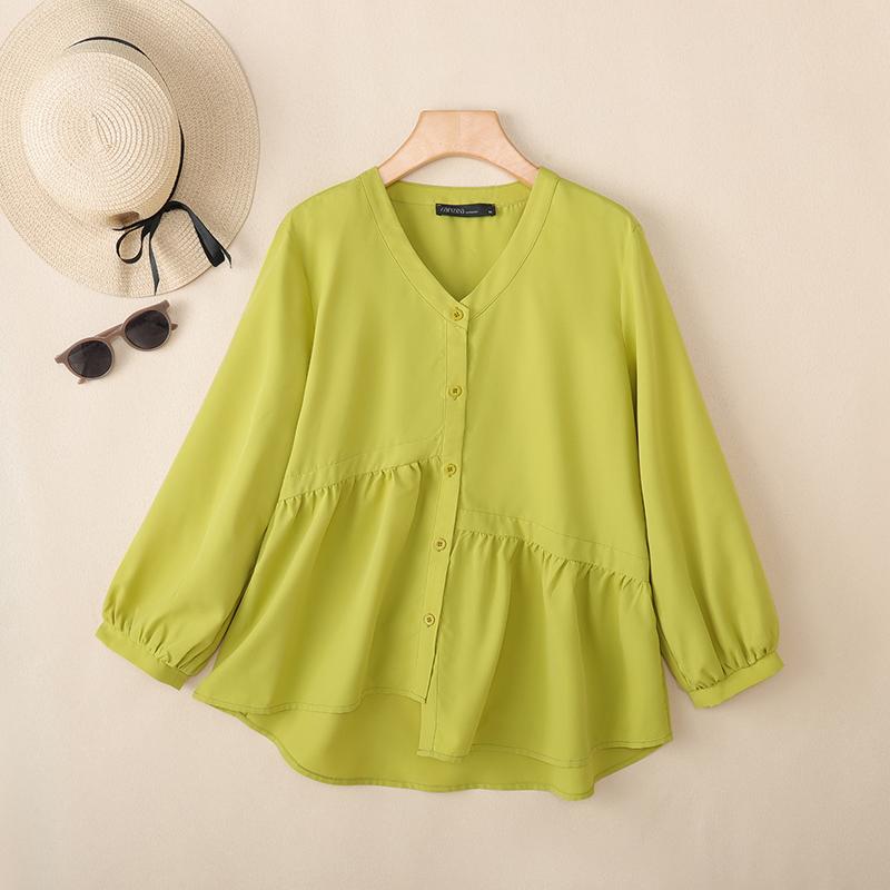 

ZANZEA Женская повседневная блузка с V-образным вырезом, однотонная, свободного кроя, с длинным рукавом 5XL светло-зеленый