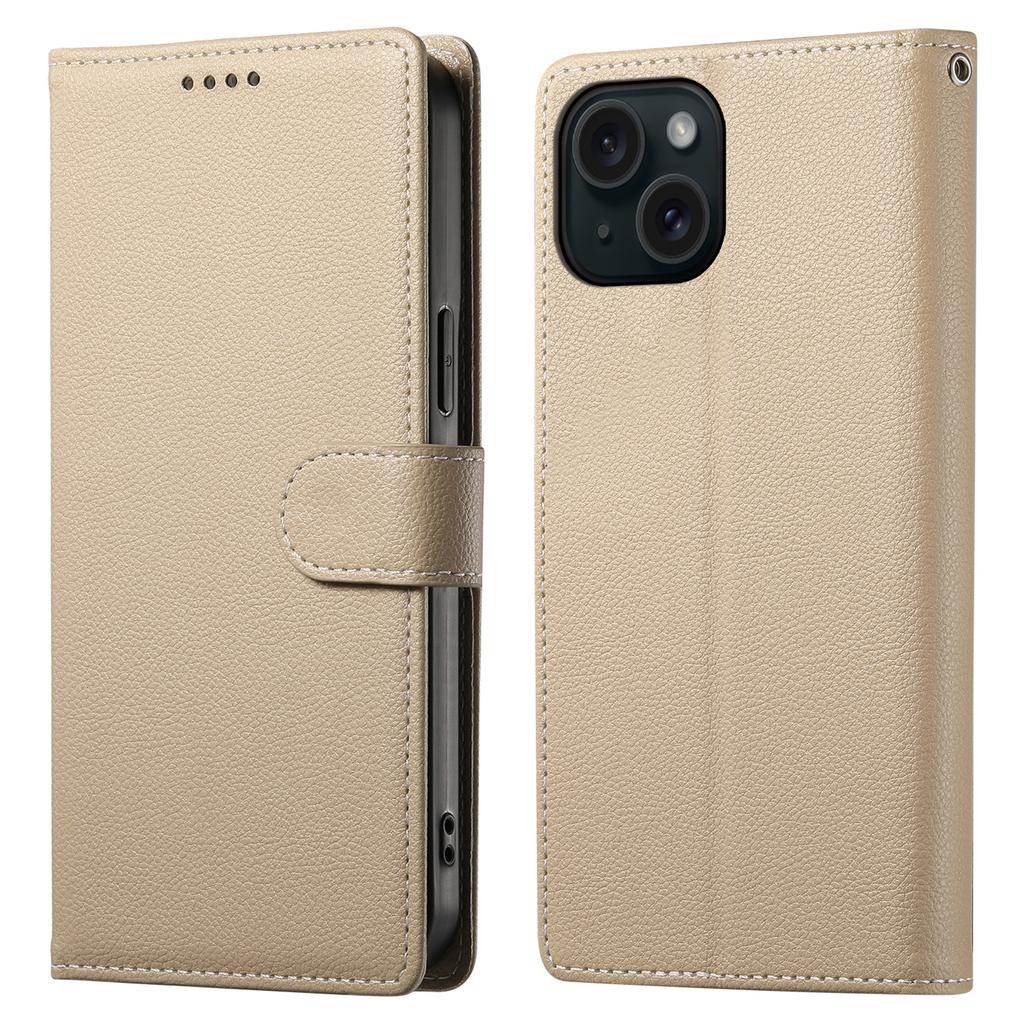 DF-012 For iPhone 15 Case Litchi Texture Leather Magnetic Clasp Wallet Stand Phone Cover