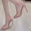 High Heels! Square Head Rhinestone Clear Line Sandals With Open Toe And Nude Slippers