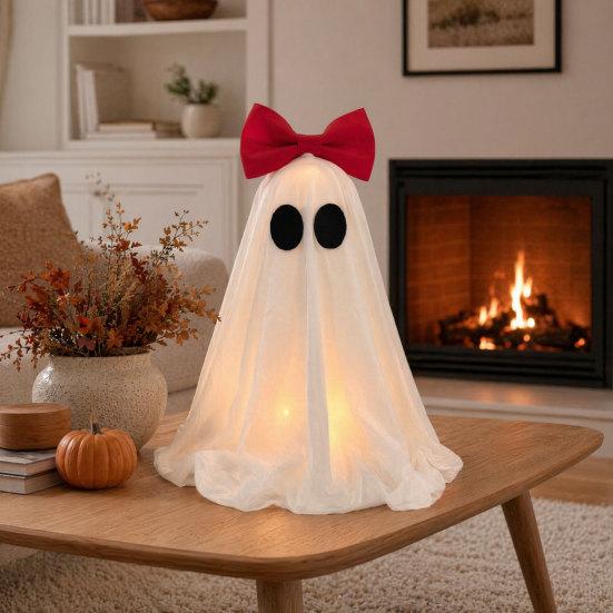 yangyizhi LED Ghost Decoration, Halloween Pink Bow Tabletop Ornament, Soft Fabric Haunted House Decor with Warm Glow for Home